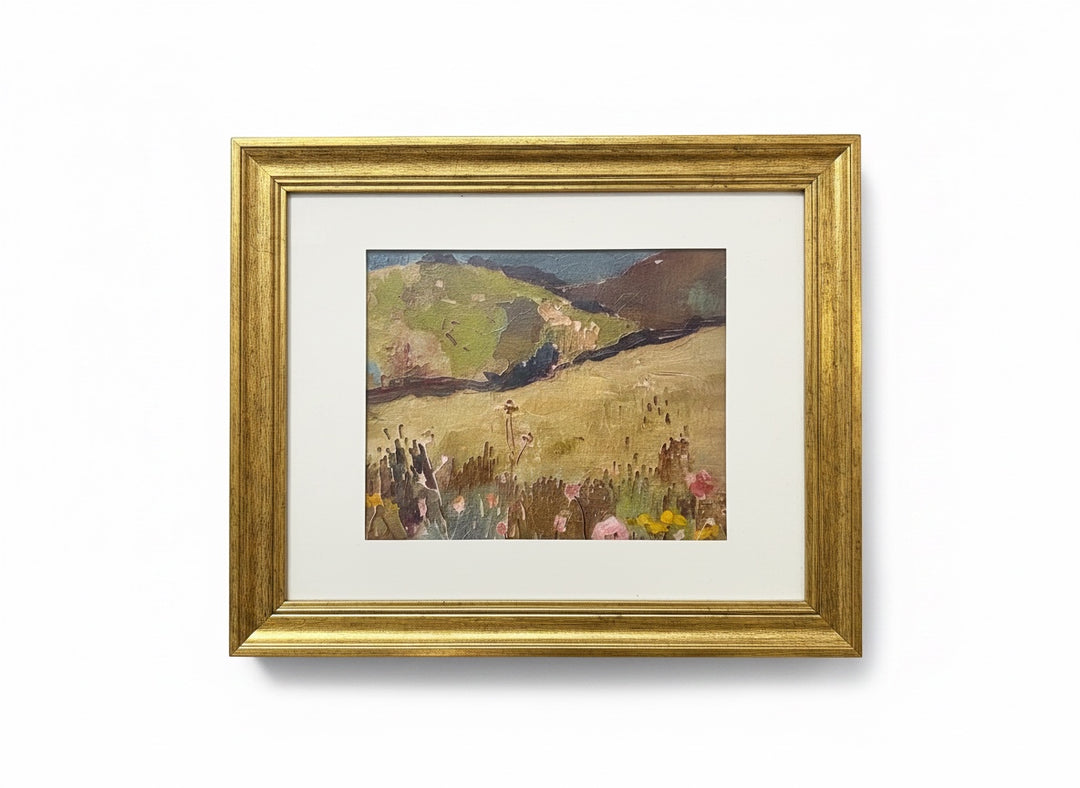 Chic Collective Quiet Meadow framed landscape painting with olive greens, taupes, and blush florals. Antique gold frame.