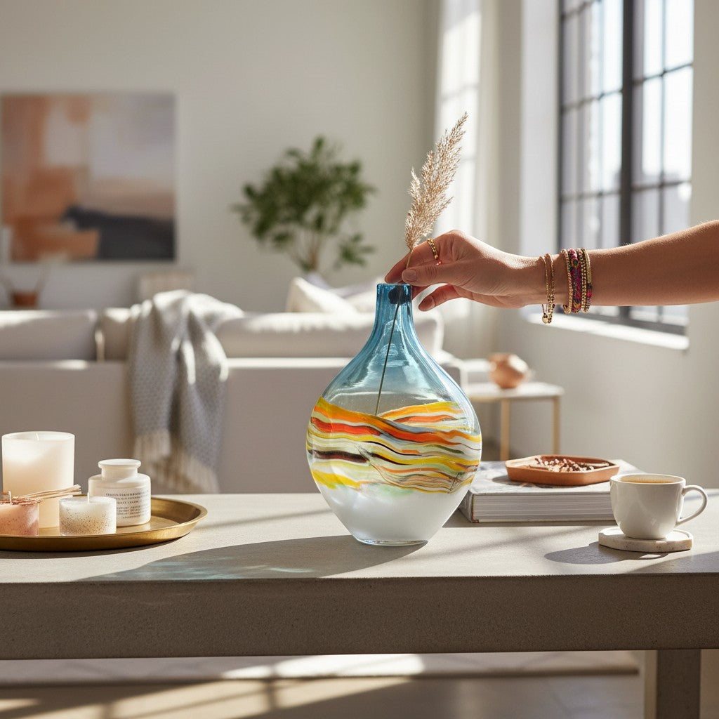 Chic Collective Rhian Round Hand-Blown Vase Agate with painterly waves in blue, white, yellow, orange, and black.