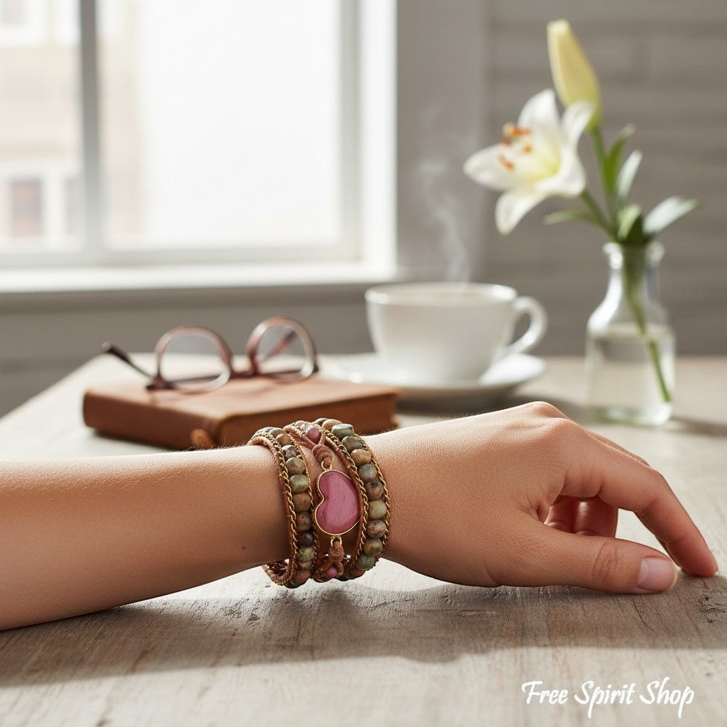 Chic Collective Rhodonite &amp; Jasper heart wrap bracelet on genuine leather with mixed beads. Boho style jewelry.