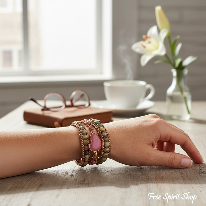 Chic Collective Rhodonite &amp; Jasper heart wrap bracelet on genuine leather with mixed beads. Boho style jewelry.