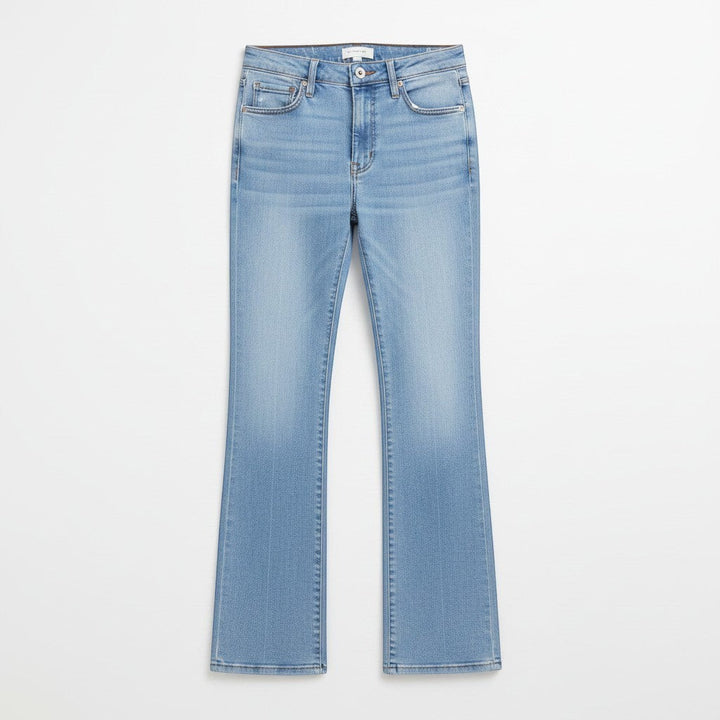 Chic Collective Risen mid-rise light wash denim flare jeans with frayed hem, size 15.