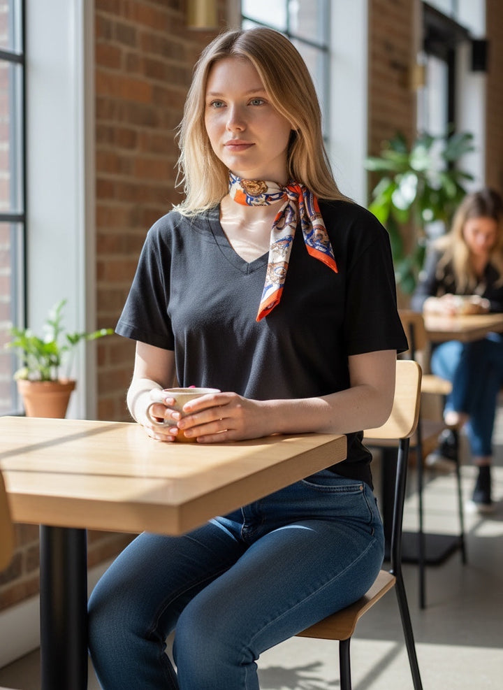 Chic Collective Riviera Luxe Ribbon Tie scarf in orange, blue, and ivory with equestrian print, worn around neck.