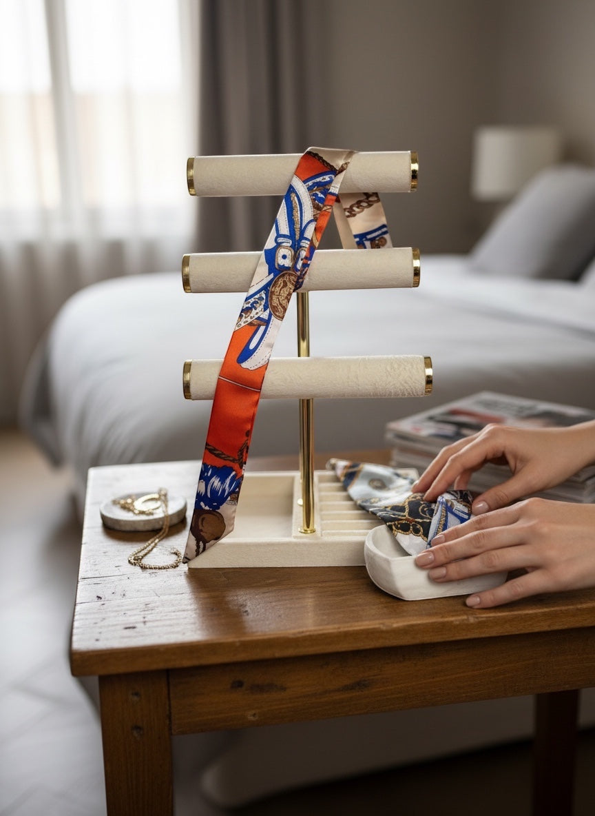 Chic Collective Riviera Luxe Ribbon Tie in orange, blue, and ivory silk with equestrian print.