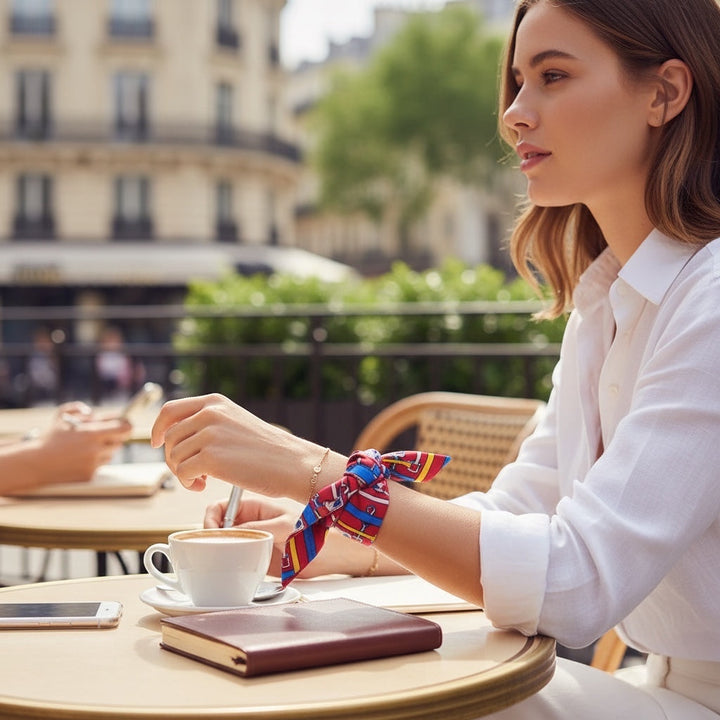 Chic Collective Riviera Ribbon Tie bracelet with equestrian chain motif in crimson, cobalt, and yellow on a woman&