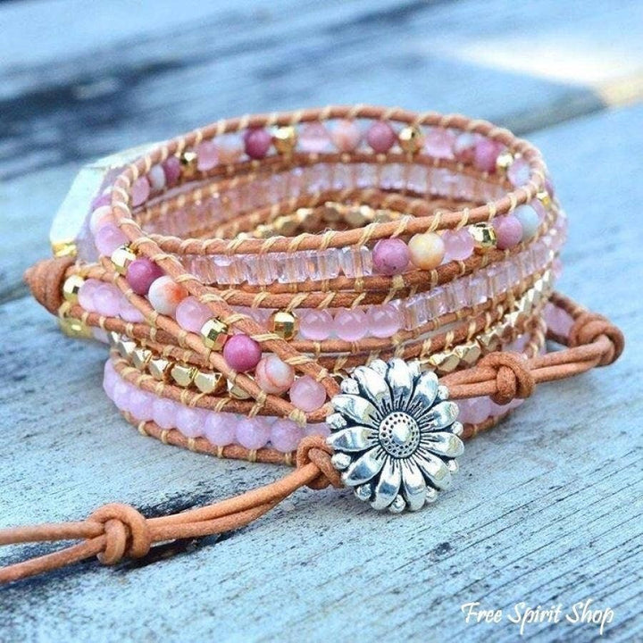 Chic Collective natural rose quartz and mixed bead wrap bracelet on genuine leather with silver flower charm.
