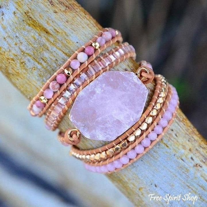Chic Collective natural rose quartz heart chakra wrap bracelet with pink beads and gold accents on leather cord.