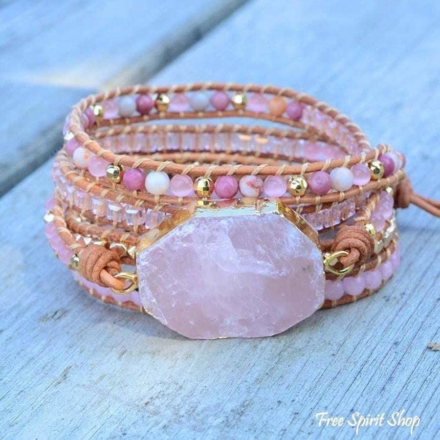 Chic Collective natural rose quartz heart chakra wrap bracelet with pink beads and genuine leather.