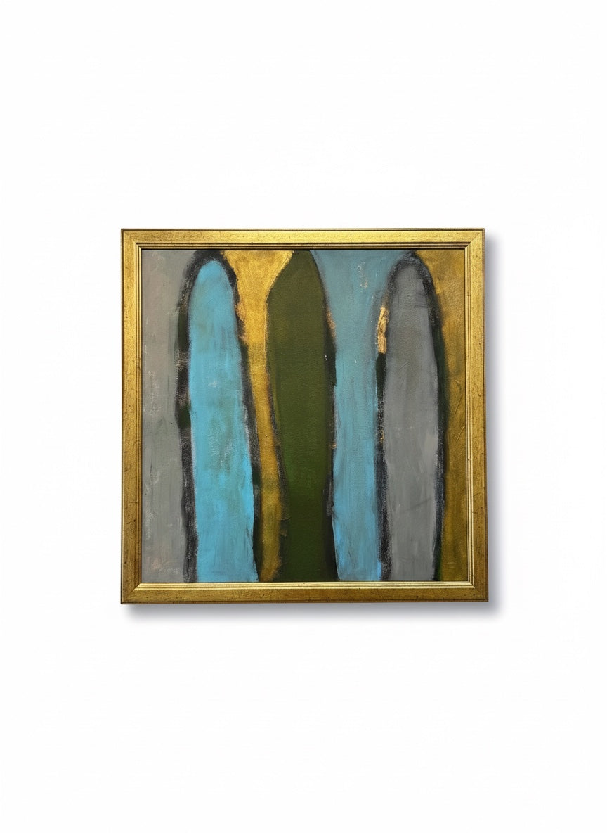 Chic Collective Sacred Passage abstract painting with teal, olive green, and grey vertical forms on gold background, antique gold frame.
