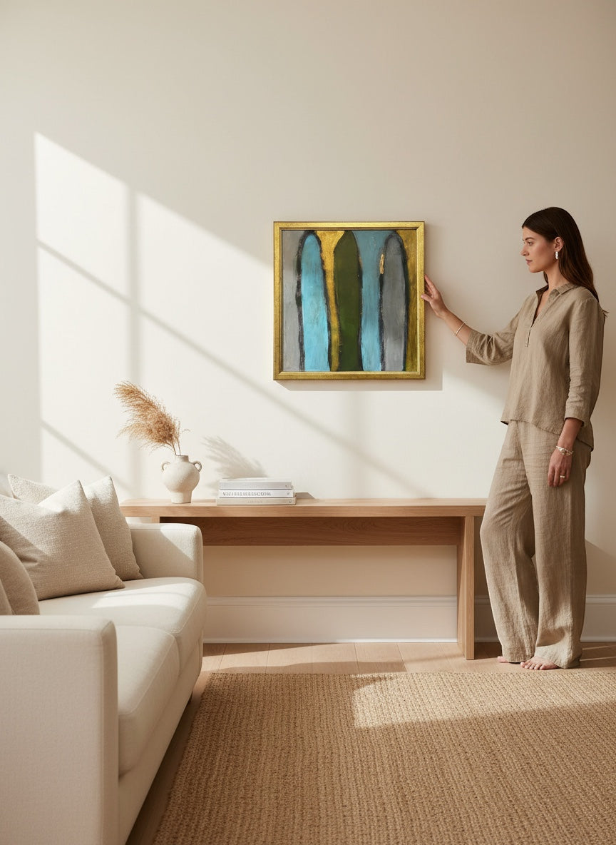 Chic Collective Sacred Passage abstract painting with teal, olive green, charcoal, and gold accents, framed in gold.