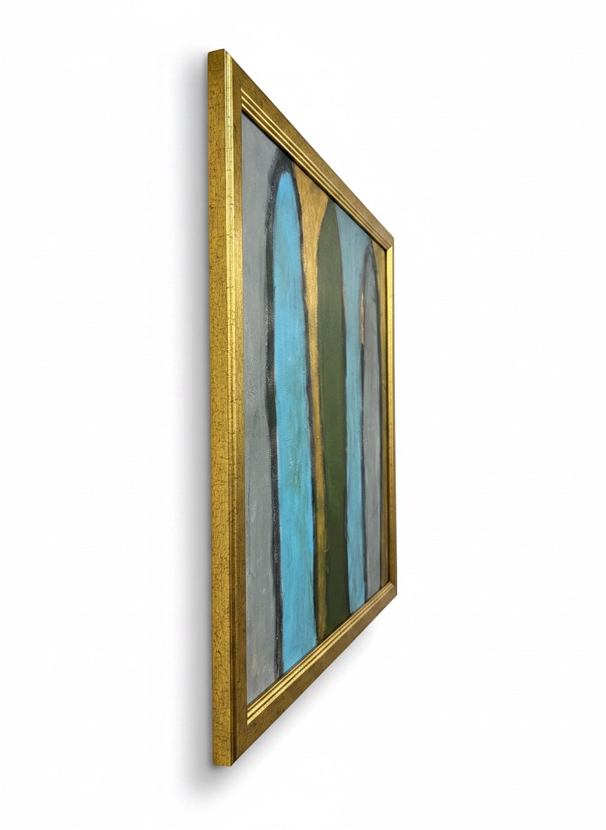 Chic Collective Sacred Passage abstract painting with teal, olive green, gold, and grey vertical forms in a gold frame.