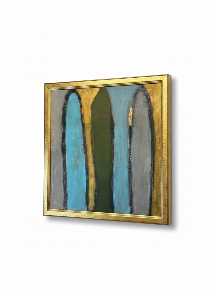 Chic Collective Sacred Passage abstract painting with teal, olive green, grey, and gold tones, framed in antique gold.