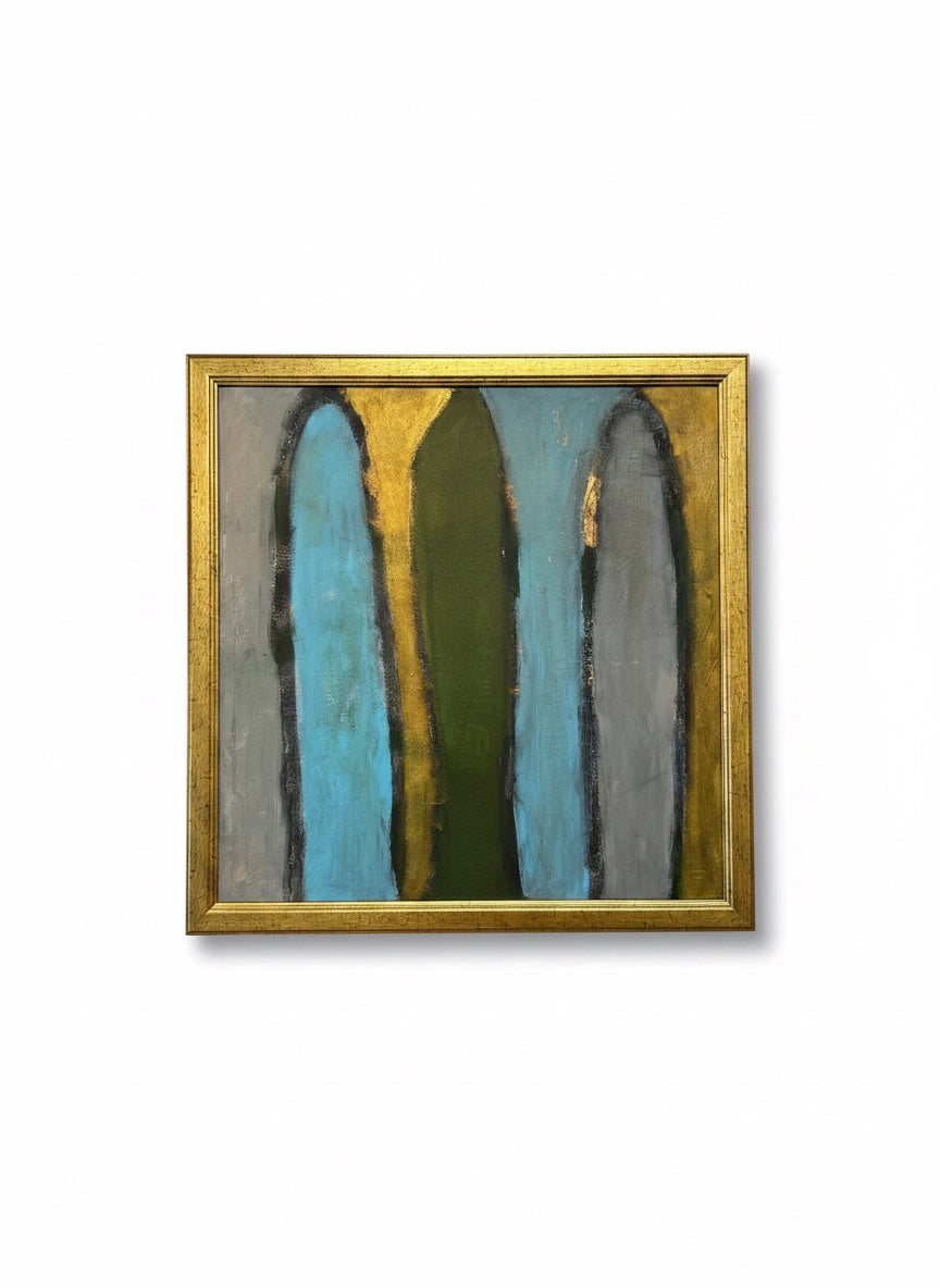 Chic Collective Sacred Passage abstract painting with teal, green, grey, and gold tones in antique gold frame.