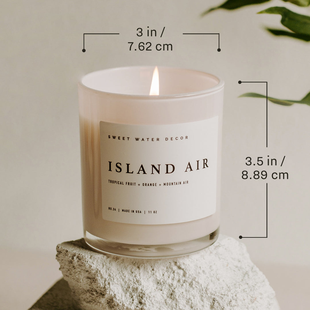 Chic Collective Sandalwood Rose 11 oz soy candle in a pale pink glass jar with a white label. Dimensions shown.