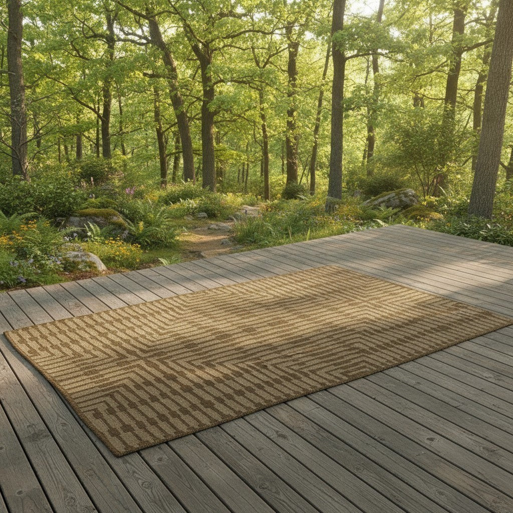 Chic Collective Sandown natural jute effect rug with geometric pattern on wooden deck