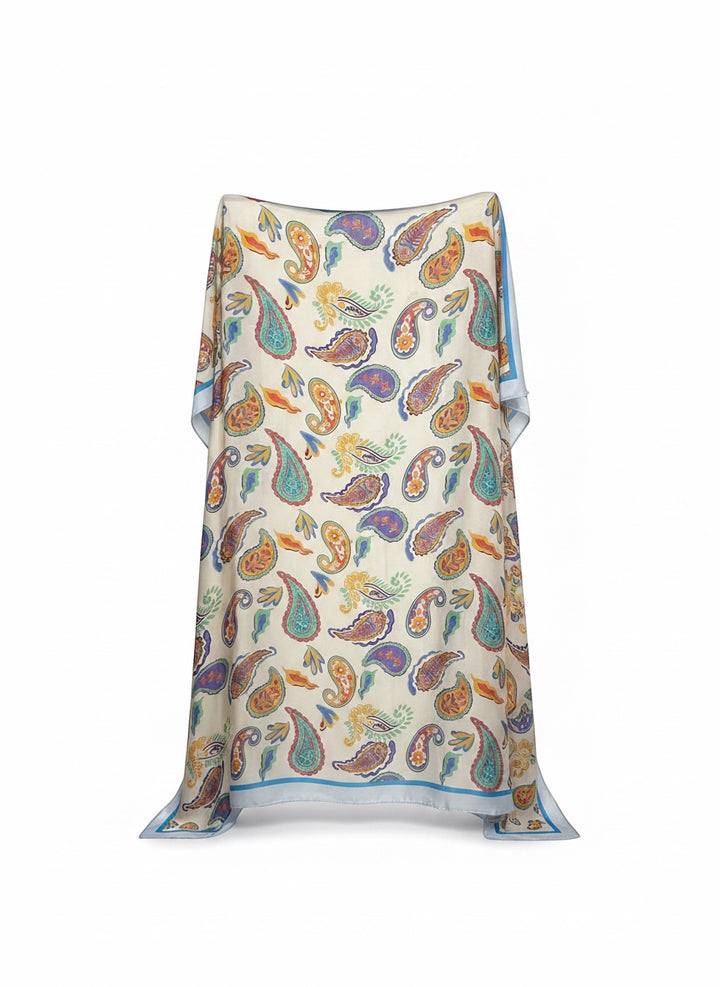 Chic Collective Santorini Paisley Scarf with ivory background and colorful paisley print in turquoise, coral, marigold, periwinkle, and sage.