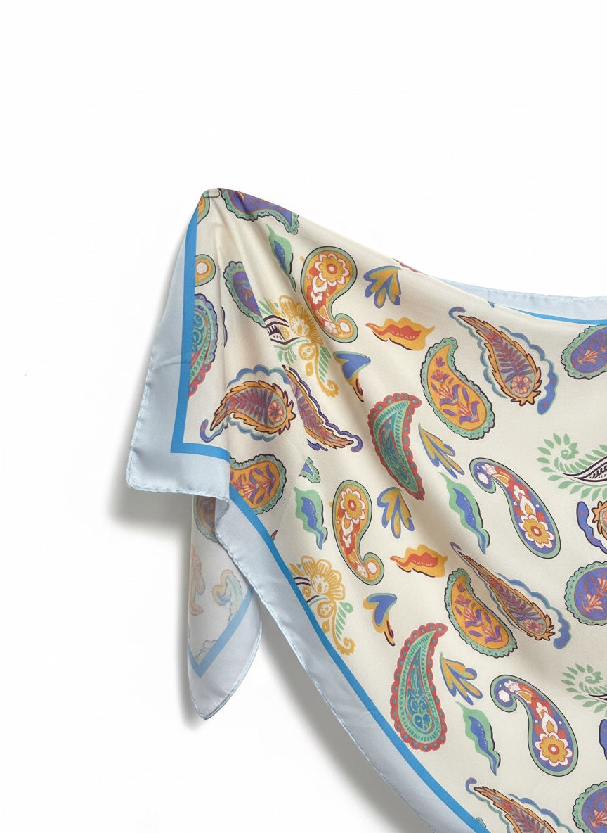 Chic Collective Santorini Paisley Scarf in ivory with turquoise, coral, marigold, periwinkle, and sage paisley print. Light blue trim.