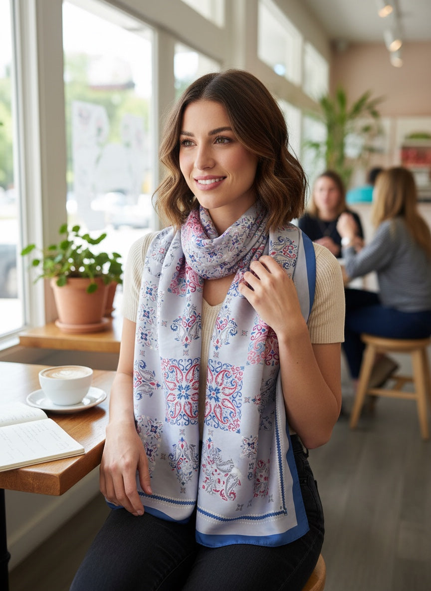 Chic Collective Santorini Tile Scarf in light blue with coral, navy, and silver-gray ornamental motifs. Lightweight fabric.