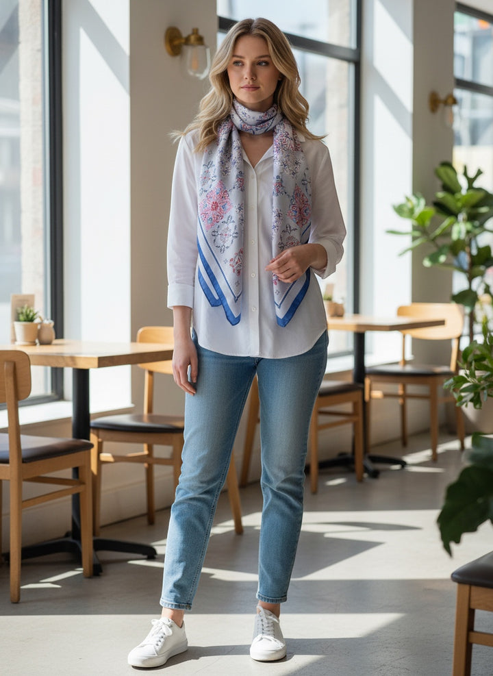 Chic Collective Santorini Tile Scarf with blue, pink, and silver-gray Mediterranean-inspired motifs on ivory.