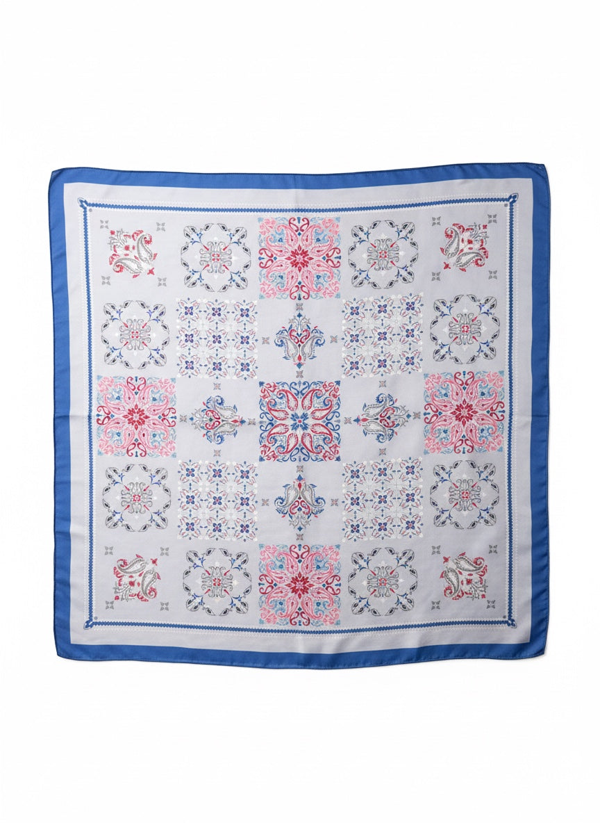 Chic Collective Santorini Tile Scarf with ivory backdrop, blue, pink, and gray tile pattern. Lightweight fabric.