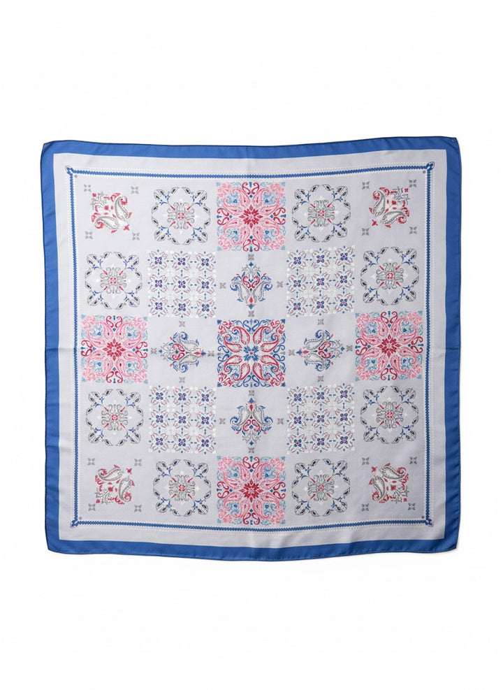 Chic Collective Santorini Tile Scarf with ivory backdrop, blue, pink, and gray tile pattern. Lightweight fabric.
