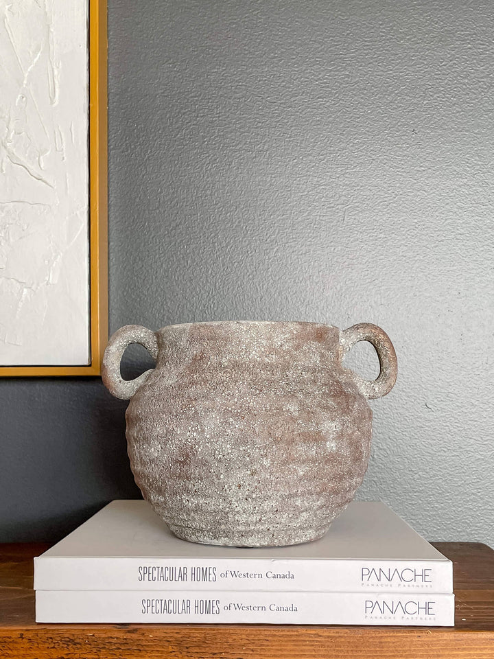 Chic Collective Siena rustic vintage-style ceramic vase in earthy tones with two handles.