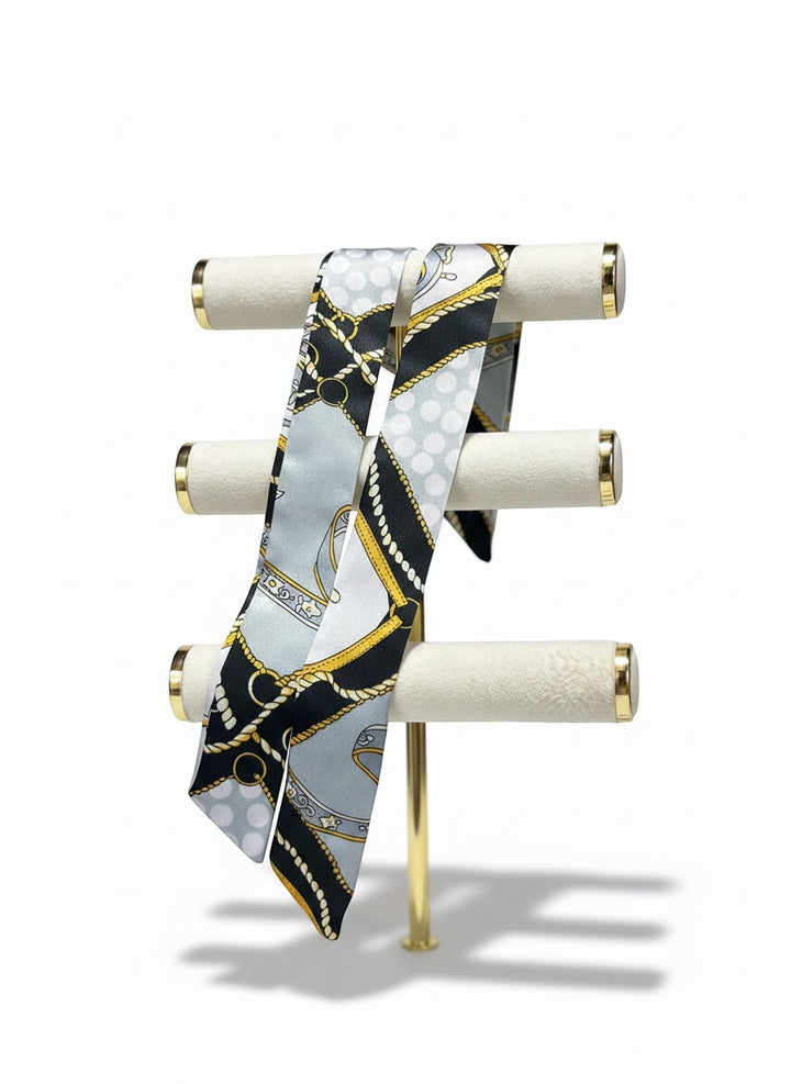 Chic Collective silver, black, and gold chain print silk twilly scarf accessory.