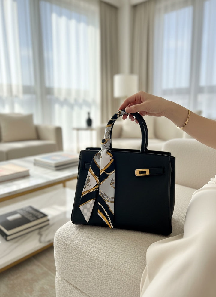 Chic Collective silk twilly scarf with chain and equestrian print in silver, black, and gold, tied to a black handbag.
