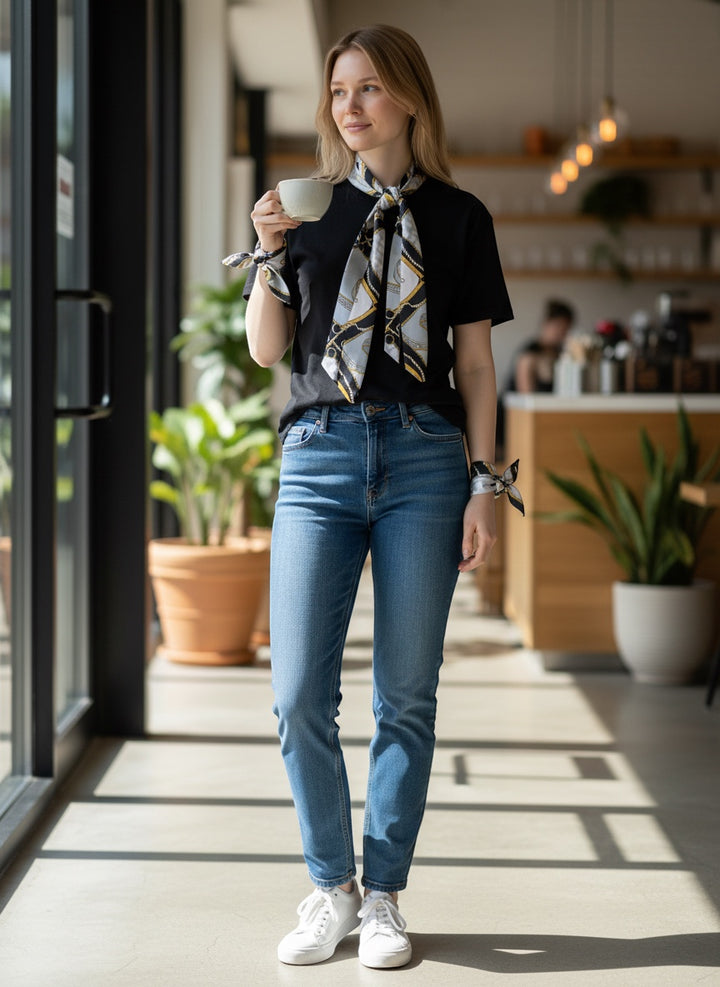 Chic Collective silk twilly scarf with chain and equestrian print in silver, black, and gold, tied around neck and wrist.