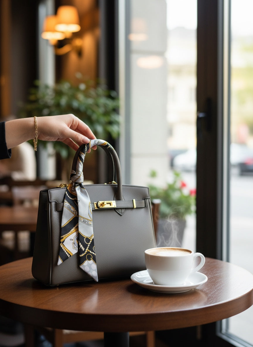 Chic Collective silk twilly scarf with chain and equestrian print in silver, black, and gold tied on a grey handbag.
