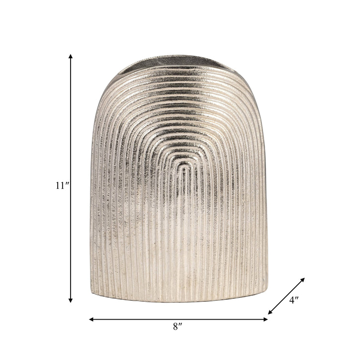 Chic Collective silver aluminum 11-inch novelty striped arch vase with a textured, ribbed design.