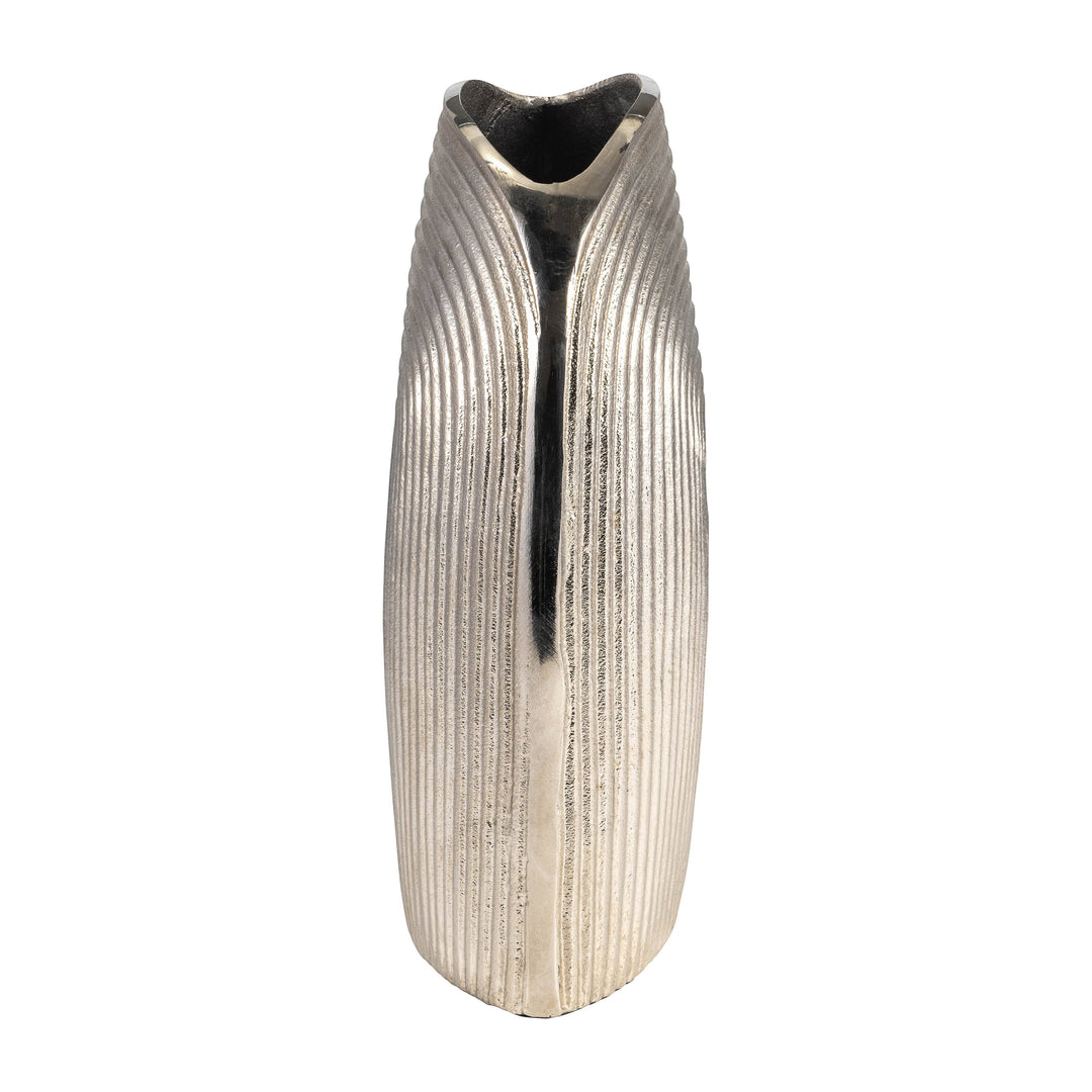 Chic Collective silver aluminum novelty striped arch vase, 11 inches tall, with a unique curved opening and vertical ribbed texture.