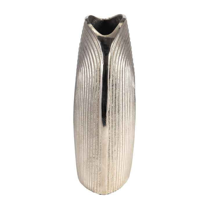 Chic Collective silver aluminum novelty striped arch vase, 11 inches tall, with a unique curved opening and vertical ribbed texture.