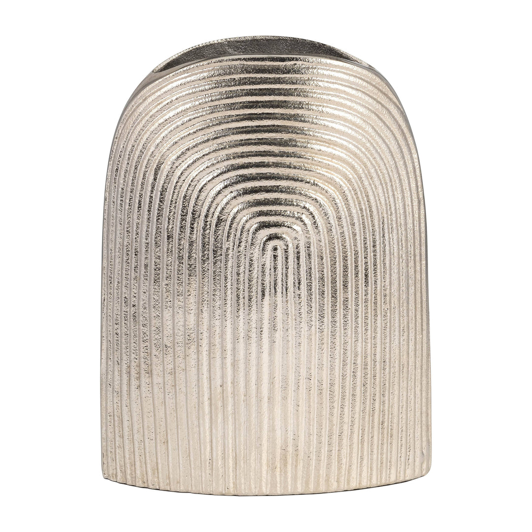 Chic Collective silver aluminum arch vase with a striped, textured design. Modern, reflective centerpiece.