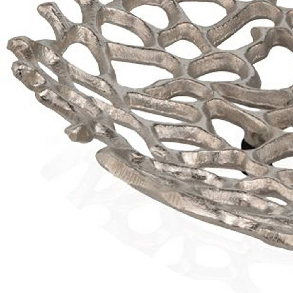 Chic Collective 15-inch silver aluminum coral decorative bowl with an open, web-like design. Modern coastal centerpiece.