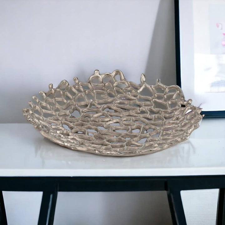 Chic Collective 15-inch silver aluminum coral decorative bowl with an open, textured, coral-like design.