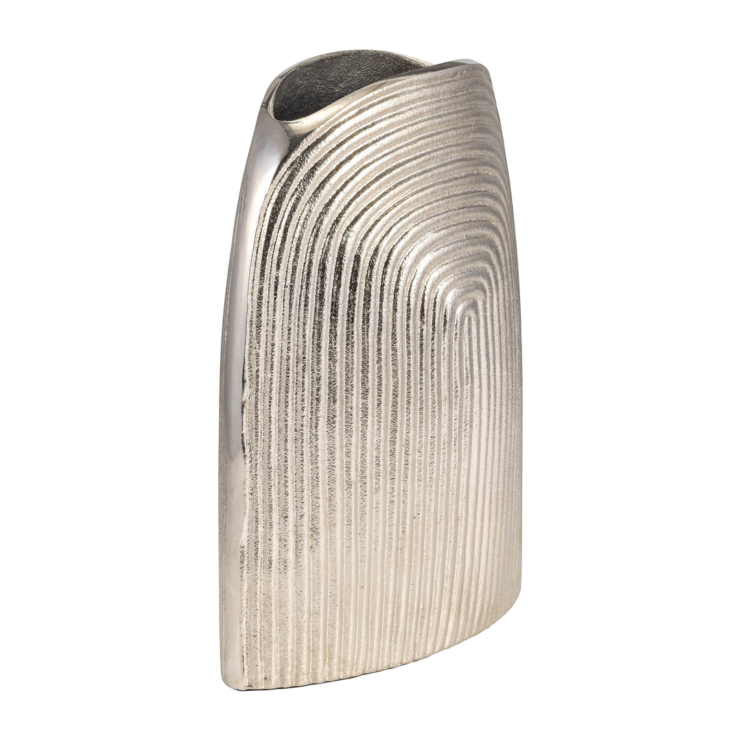 Chic Collective silver aluminum vase with a striped arch design. 11-inch novelty decorative accent.