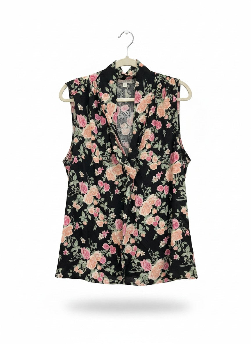 Chic Collective sleeveless black blouse with pink and peach floral print and cowl neckline.