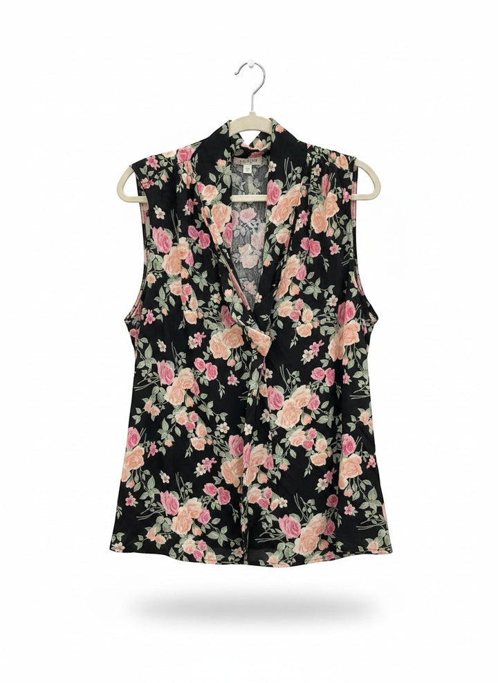 Chic Collective sleeveless black blouse with pink and peach floral print and cowl neckline.