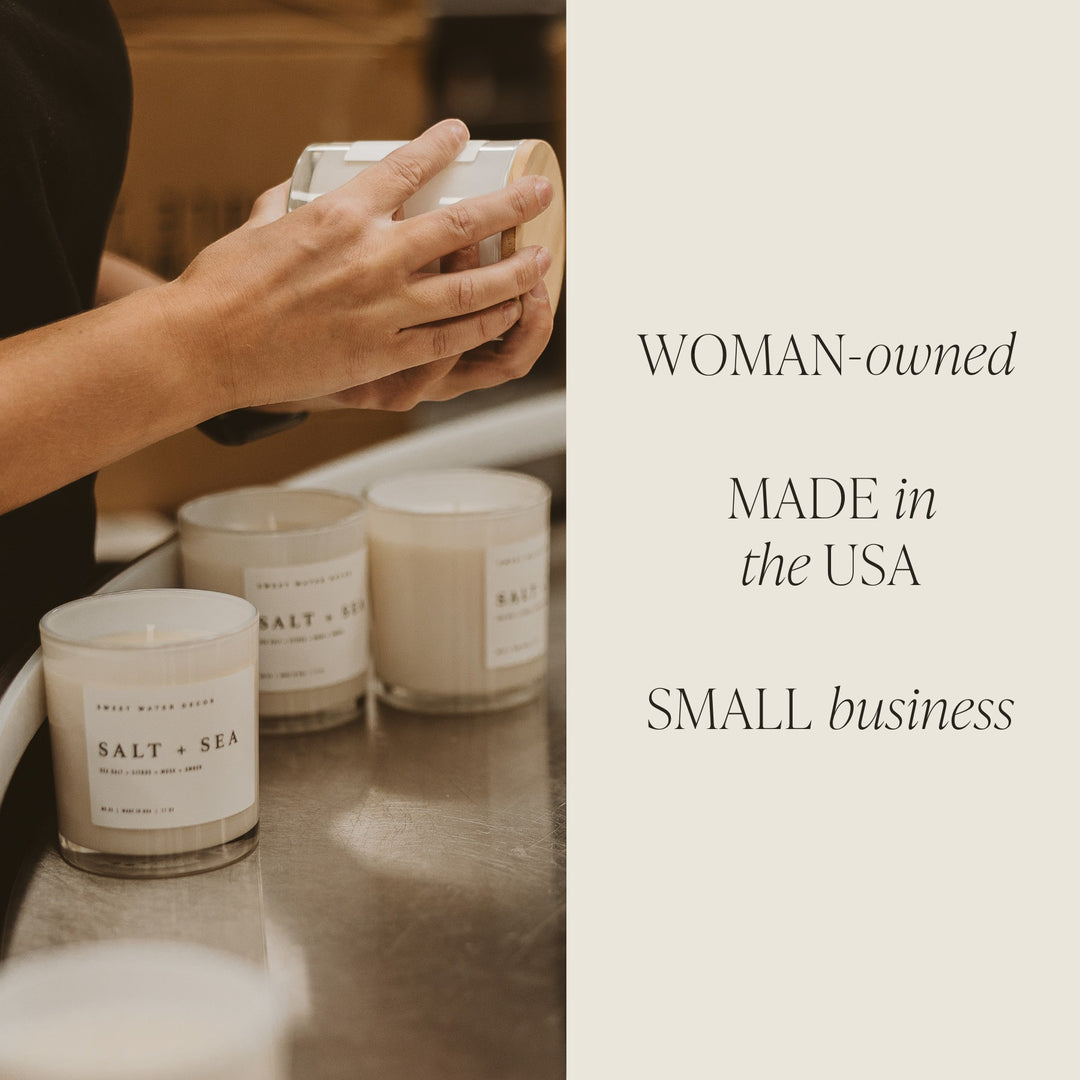 Chic Collective white jar soy candle with wooden lid, 11 oz, featuring citrus, grapefruit, sage, lavender, amber, tonka bean, and oakmoss scents.