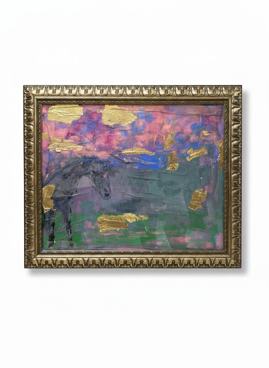 Chic Collective Stillness at Dusk abstract painting with horse, lavender, blue, green, pink, and gold leaf accents.