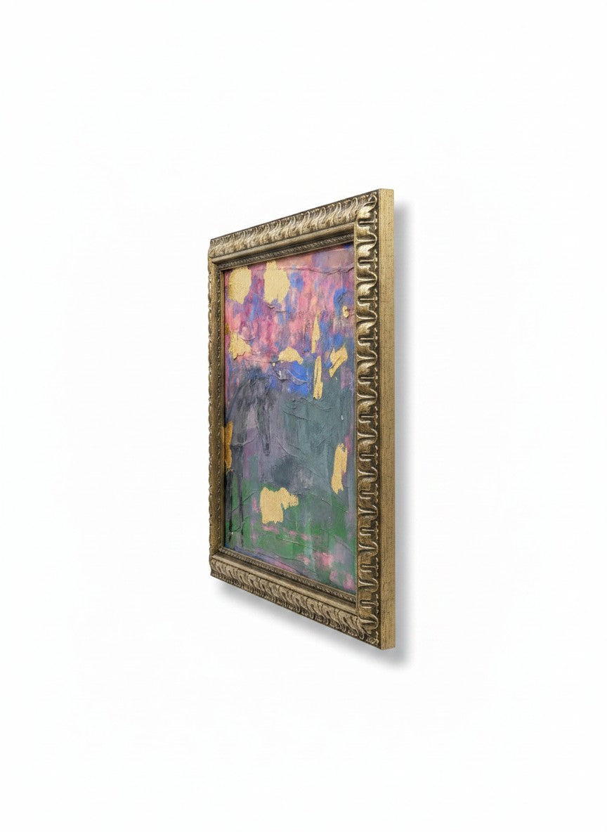 Chic Collective Stillness at Dusk abstract painting with lavender, blue, green, and gold leaf accents.