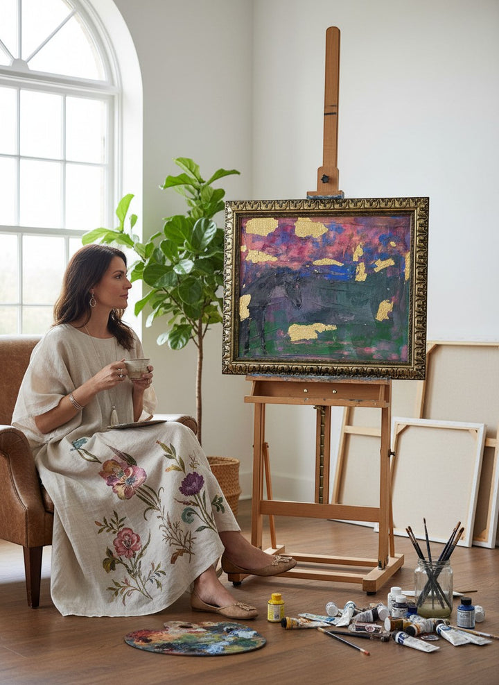 Chic Collective Stillness at Dusk abstract painting with lavender, indigo, blue, green washes and gold leaf accents.