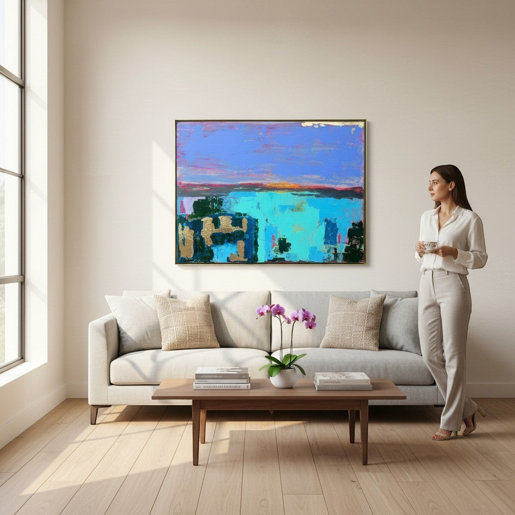Chic Collective Sunset Reverie abstract artwork with vibrant blue, turquoise, and gold accents, depicting a serene landscape.