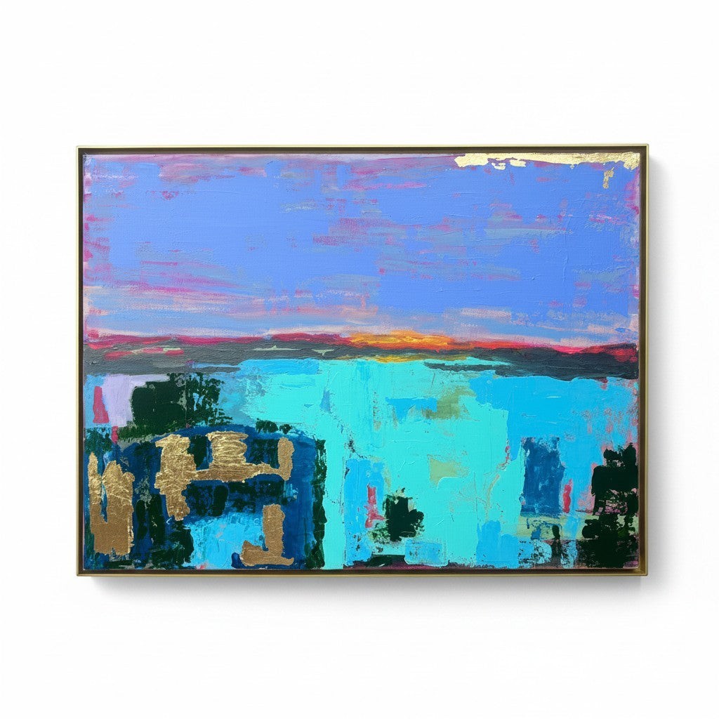 Chic Collective Sunset Reverie abstract artwork with vibrant blues, pinks, and gold leaf accents. Framed painting.