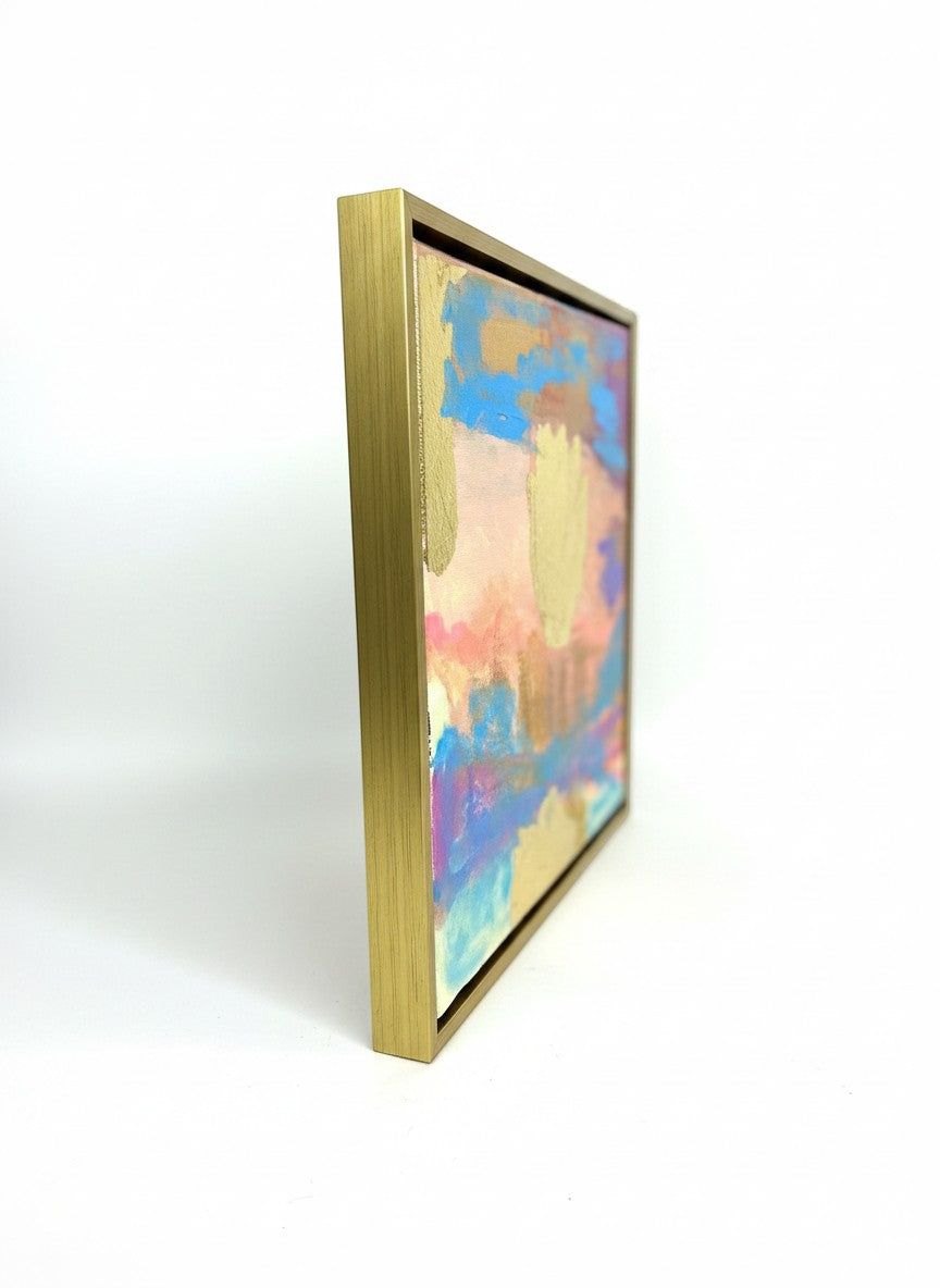 Chic Collective Sunwashed Glow abstract art with peach, blush, turquoise, lavender, and blue hues, accented with gold.
