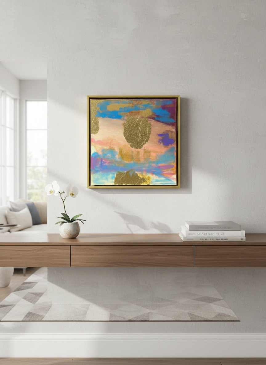 Chic Collective Sunwashed Glow abstract art with peach, blush, turquoise, lavender, sky blue, and gold accents. Framed.