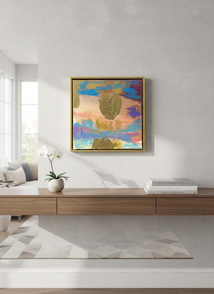 Chic Collective Sunwashed Glow abstract art with peach, blush, turquoise, lavender, sky blue, and gold accents. Framed.