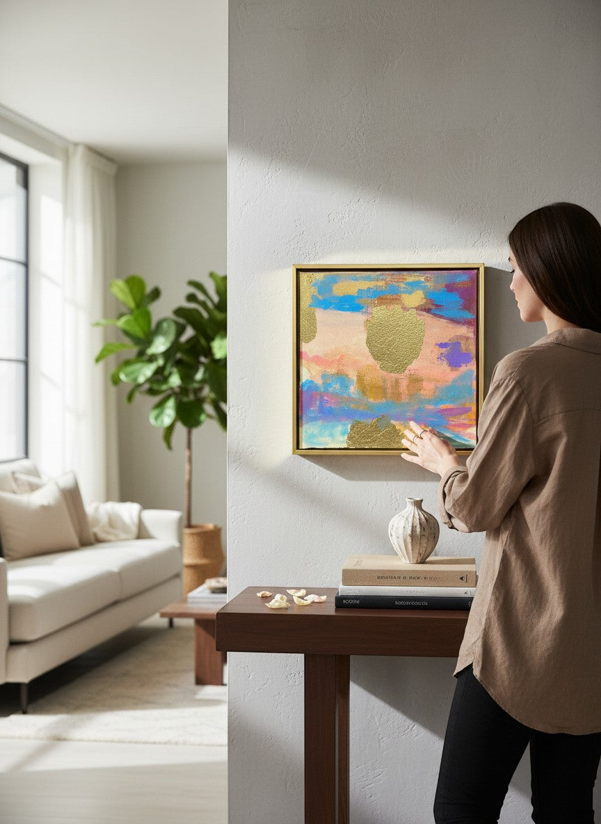 Chic Collective Sunwashed Glow abstract art with peach, blush, turquoise, lavender, and gold accents. Framed.