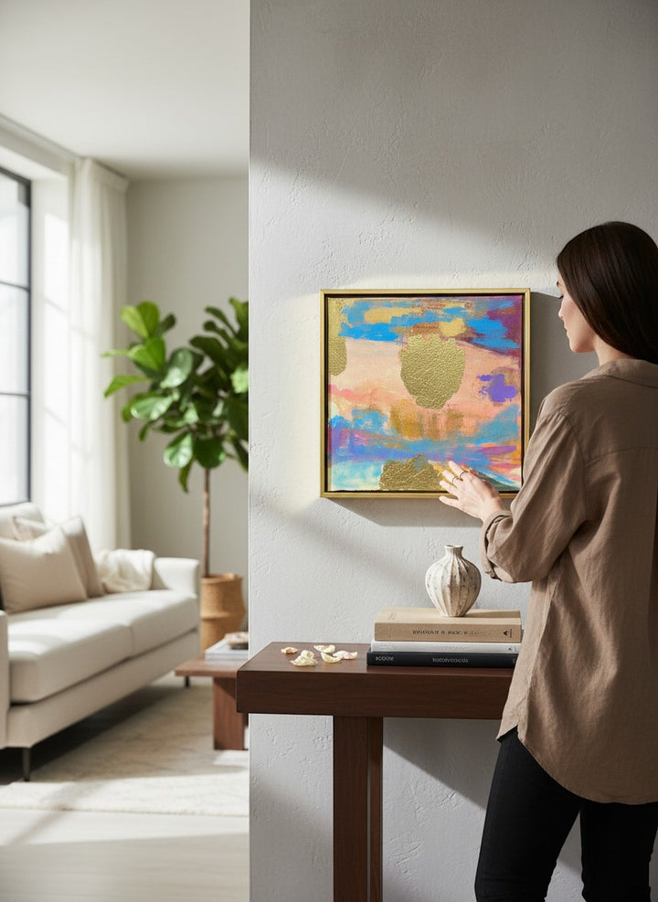 Chic Collective Sunwashed Glow abstract art with peach, blush, turquoise, lavender, and gold accents. Framed.