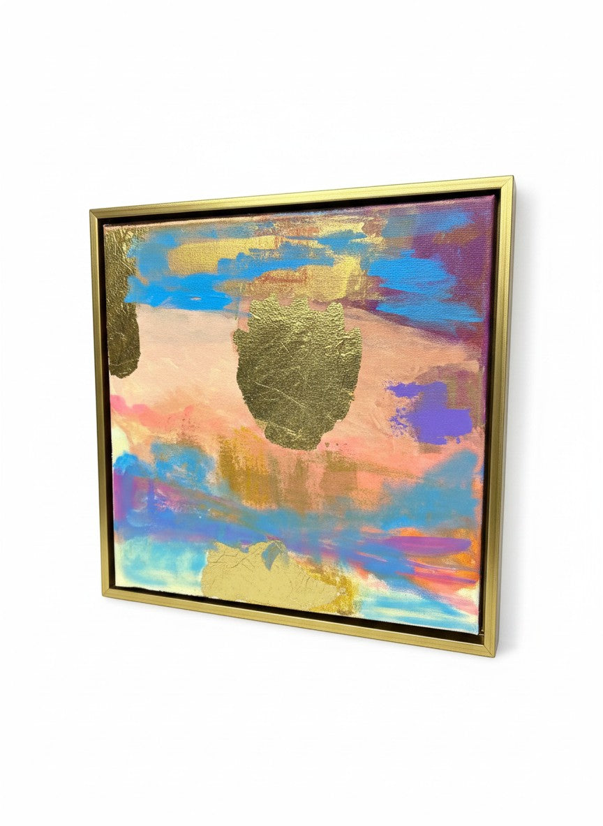 Chic Collective Sunwashed Glow abstract painting with peach, blush, turquoise, lavender, and sky blue hues, accented with textured gold leaf.